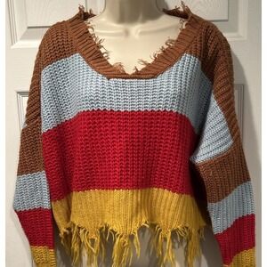 Women Distressed Oversized V Neck Sweater Fringe‎ Hem Colorblock Boho Y2K Small